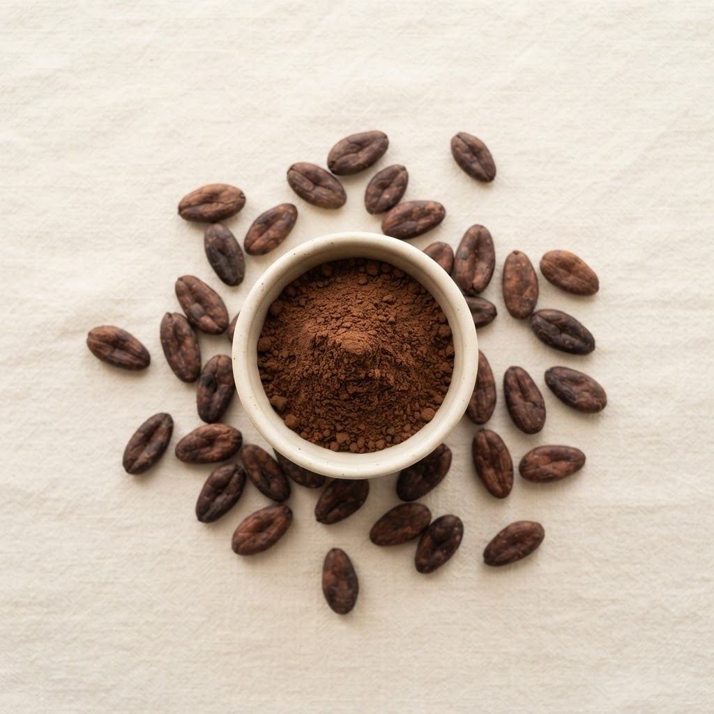 Cacao en polvo con granos de cacao alrededor