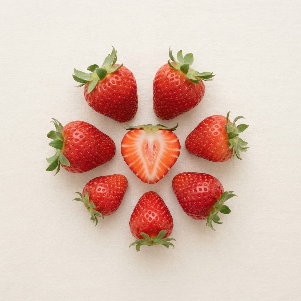 Fresas frescas, algunas enteras y una en rodajas