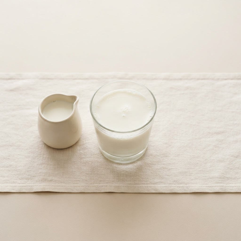 Vaso de leche fresca y una jarra